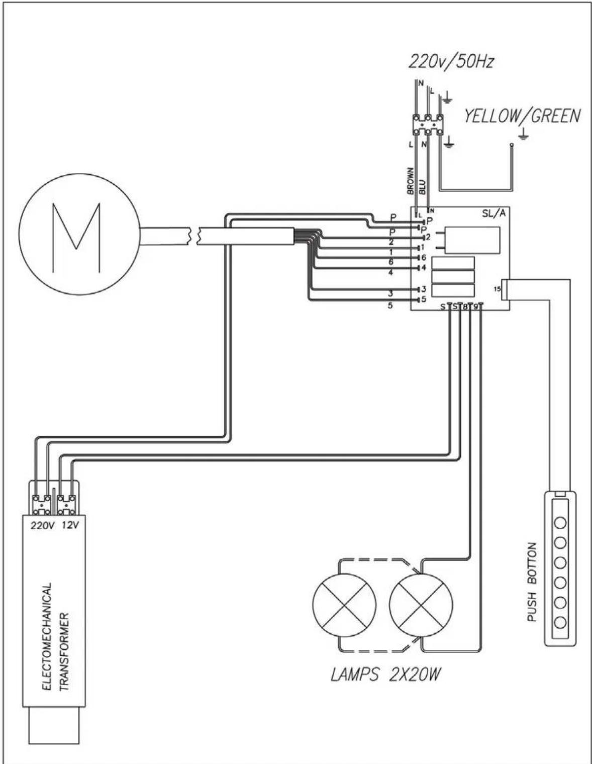 220v/50Hz YELLOW/GREEN M P P P 2 1 6 4 3 5 SL/A STSTBT9T 220V 12V ELECTOMECHANICAL TRANSFORMER LAMPS 2X20W PUSH BOTTOM