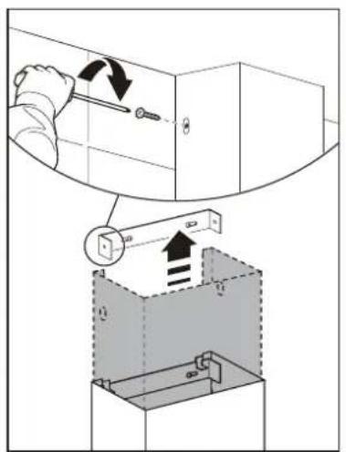 Technical diagram showing a hand operating a screwdriver inside a cabinet, with an inset view of the device being inserted into a housing.