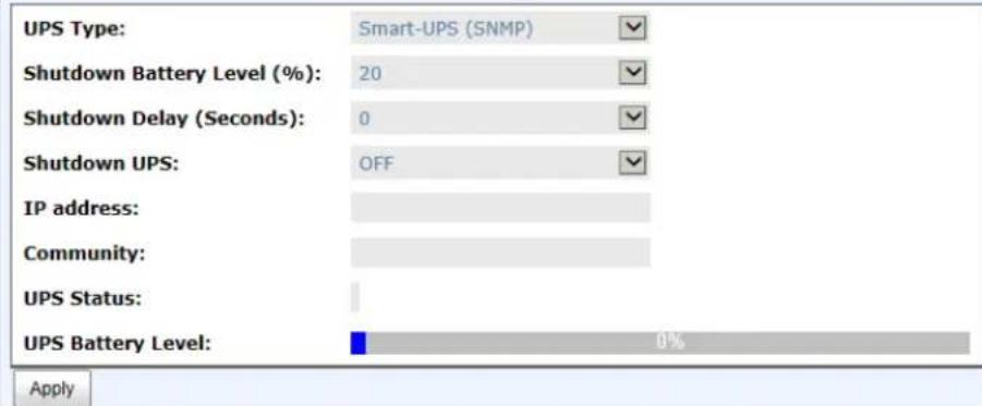 UPS Type: Smart-UPS (SNMP) Shutdown Battery Level (%): 20 Shutdown Delay (Seconds): 0 Shutdown UPS: OFF IP address: Community: UPS Status: UPS Battery Level: 0% Apply