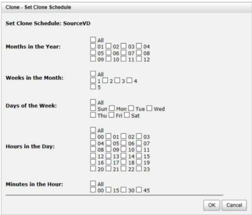 Clone - Set Clone Schedule Set Clone Schedule: SourceVD Months in the Year: All 01 02 03 04 05 06 07 08 09 10 11 12 Weeks in the Month: All 1 2 3 4 5 Days of the Week: All Sun Mon Tue Wed Thu Fri Sat Hours in the Day: All 00 01 02 03 04 05 06 07 08 09 10 11 12 13 14 15 16 17 18 19 20 21 22 23 Minutes in the Hour: All 00 15 30 45 OK Cancel
