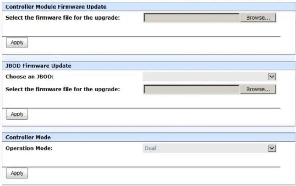 Controller Module Firmware Update Select the firmware file for the upgrade: Browse... Apply JBOD Firmware Update Choose an JBOD: Select the firmware file for the upgrade: Browse... Apply Controller Mode Operation Mode: Dual Apply