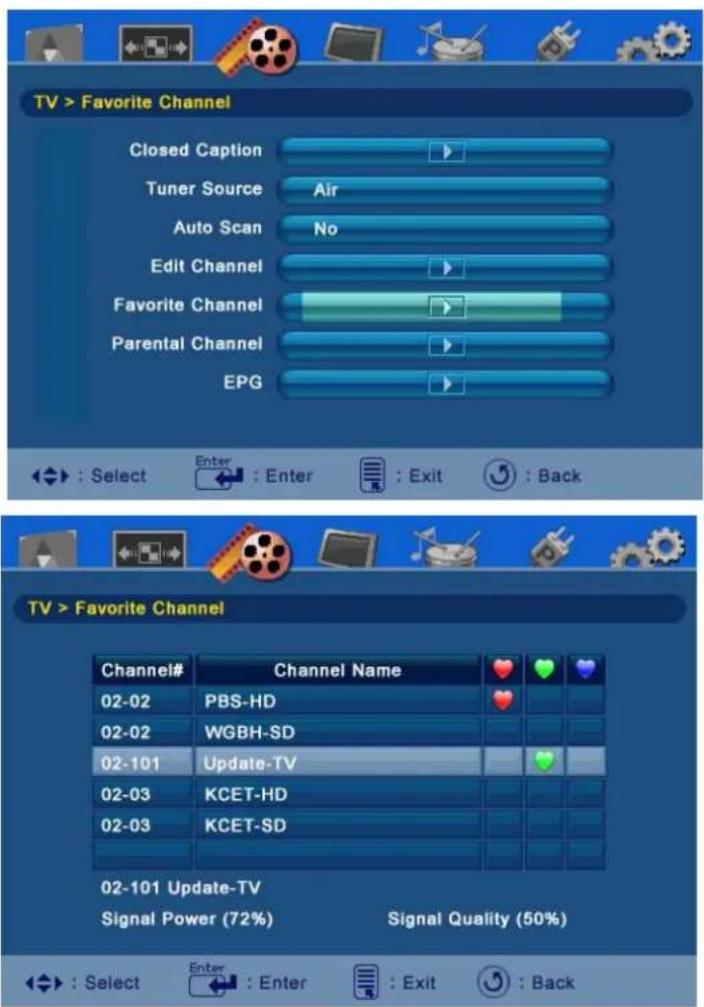 TV > Favorite Channel Closed Caption Tuner Source Air Auto Scan No Edit Channel Favorite Channel Parental Channel EPG Select Enter Enter Exit Back TV > Favorite Channel Channel# Channel Name 02-02 PBS-HD 02-02 WGBH-SD 02-101 Update-TV 02-03 KCET-HD 02-03 KCET-SD 02-101 Update-TV Signal Power (72%) Signal Quality (50%) Select Enter : Enter : Exit : Back
