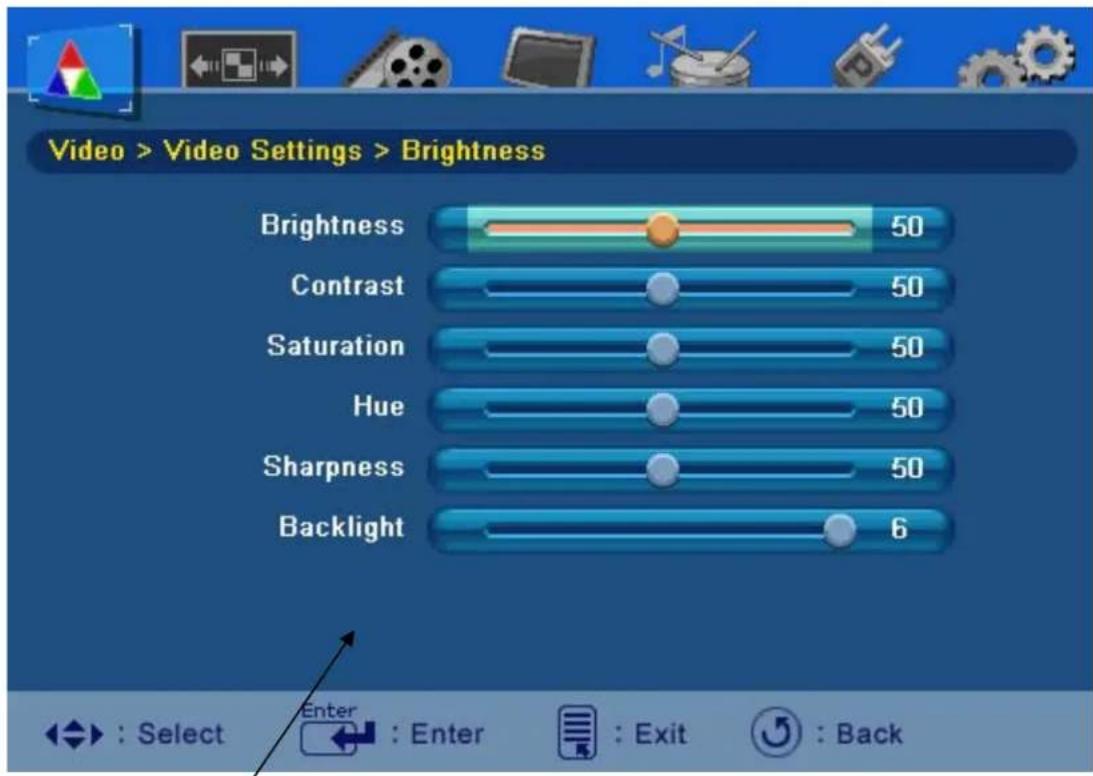 Video > Video Settings > Brightness Brightness 50 Contrast 50 Saturation 50 Hue 50 Sharpness 50 Backlight 6 : Select Enter : Enter : Exit : Back
