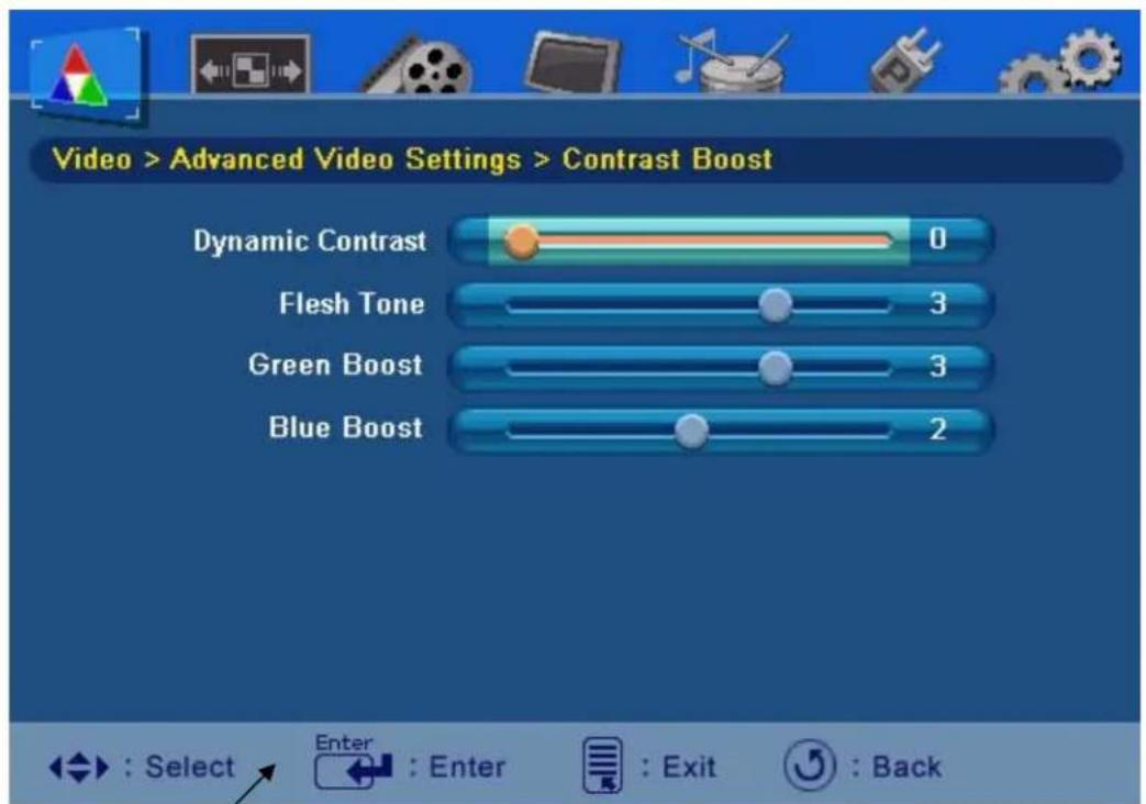 Video > Advanced Video Settings > Contrast Boost Dynamic Contrast 0 Flesh Tone 3 Green Boost 3 Blue Boost 2 : Select Enter : Enter : Exit : Back