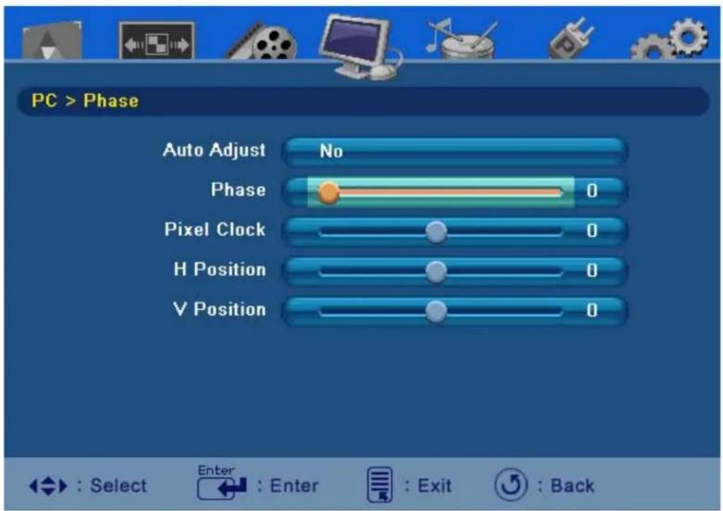 PC > Phase Auto Adjust No Phase 0 Pixel Clock 0 H Position 0 V Position 0 : Select Enter : Enter : Exit : Back