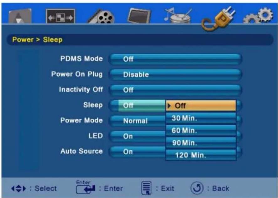 Power > Sleep PDMS Mode Off Power On Plug Disable Inactivity Off Off Sleep Off ▶ Off Power Mode Normal 30 Min. LED On 60 Min. Auto Source On 90 Min. 120 Min.