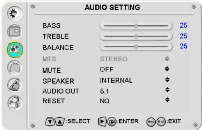 AUDIO SETTING BASS 25 TREBLE 25 BALANCE 25 MTS STEREO MUTE OFF SPEAKER INTERNAL AUDIO OUT 5.1 RESET NO SELECT ENTER Exit:EXIT