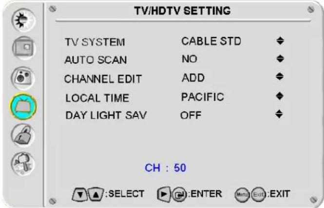 TV/HDTV SETTING TV SYSTEM CABLE STD AUTO SCAN NO CHANNEL EDIT ADD LOCAL TIME PACIFIC DAY LIGHT SAV OFF CH : 50 :SELECT :ENTER Meta Exit:EXIT