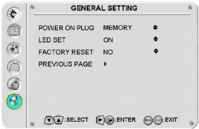 GENERAL SETTING POWER ON PLUG MEMORY LED SET ON FACTORY RESET NO PREVIOUS PAGE ▲:SELECT ENTER Mina Exit:EXIT