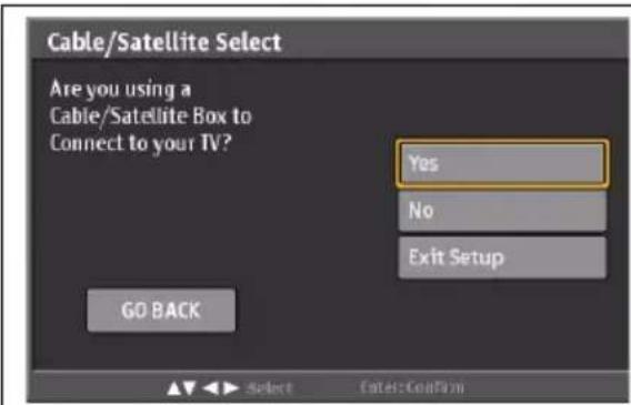 Cable/Satellite Select Are you using a Cable/Satellite Box to Connect to your TV? Yes No Exit Setup GO BACK Select Enter: Confirm