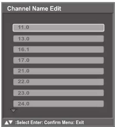 Channel Name Edit 11.0 13.0 16.1 17.0 21.0 22.0 23.0 24.0 :Select Enter: Confirm Menu: Exit