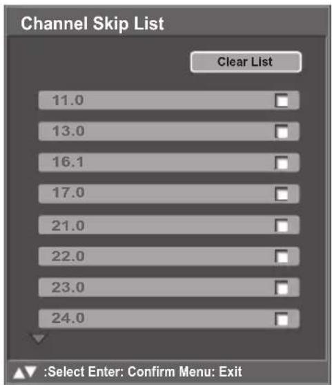 Channel Skip List Clear List 11.0 13.0 16.1 17.0 21.0 22.0 23.0 24.0 :Select Enter: Confirm Menu: Exit