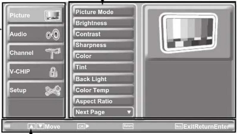 Picture Audio Channel V-CHIP Setup Picture Mode Brightness Contrast Sharpness Color Tint Back Light Color Temp Aspect Ratio Next Page Move OK Return Next ExitReturnEnter