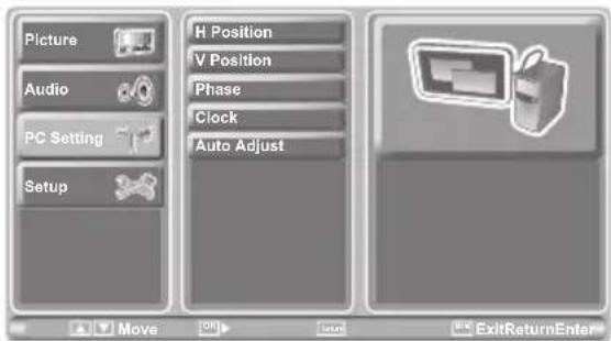 Picture Audio PC Setting Setup H Position V Position Phase Clock Auto Adjust Move ExitReturnEnter