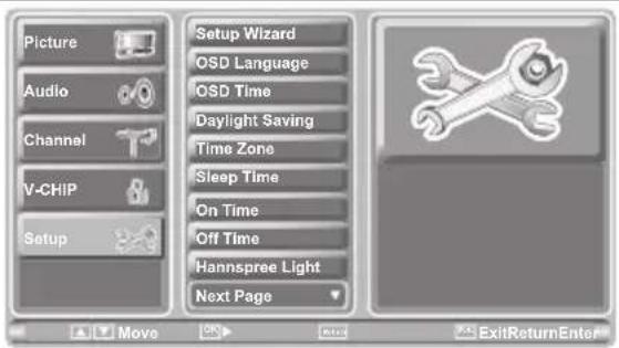 Picture Audio Channel V-CHIP Setup Setup Wizard OSD Language OSD Time Daylight Saving Time Zone Sleep Time On Time Off Time Hannspree Light Next Page Move ExitReturnEnter