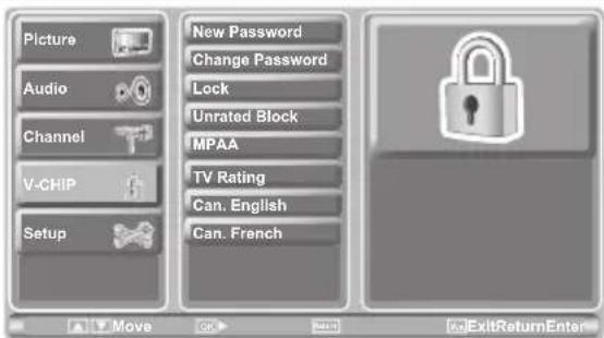 Picture Audio Channel V-CHIP Setup New Password Change Password Lock Unrated Block MPAA TV Rating Can. English Can. French Move OK Cancel ExitReturnEnter
