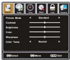 Picture Mode Standard Contrast Brightness Color Sharpness Color Temp. Neutral Select Move Exit