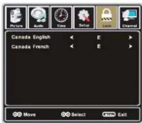 Picture Audio Tree Setup Locks Channel Canada English E Canada French E Move Select CTOW Exit