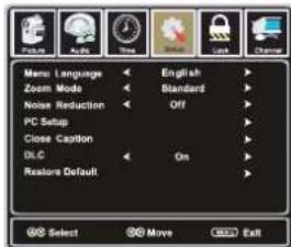 Menu Language Zoom Mode Noise Reduction PC Setup Close Caption DLC Restore Default English Standard Off On Select Move Exit