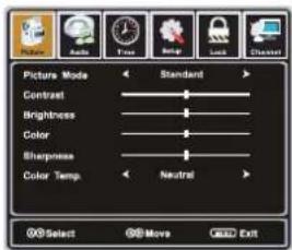 Picture Mode Contrast Brightness Color Sharpness Color Temp. Standard Neutral Select Move Exit