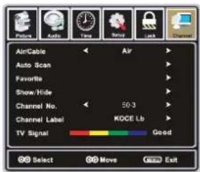 AirCable Auto Scan Favorite Snow/Hide Channel No. 50-3 Channel Label KOCE Lb TV Signal Good Select Move Exit