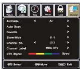 AirCable Auto Scan Favorites Show/Hide Channel No. Channel Label MBC DTV DTV Signal Good Select Move Exit
