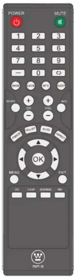 POWER MUTE 1 2 3 4 5 6 7 8 9 — 0 PICKER LIVOR MTS SLEEP SOURCE + CH VOL - PRESS CALLIST AUTO DIRECT OK MENU EXIT OC VCHF ADDENS TAV RMT-15