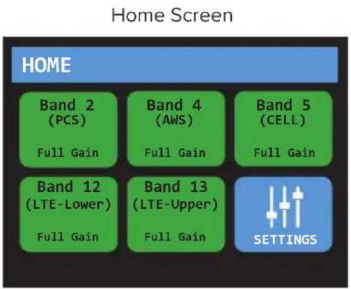 Home Screen HOME Band 2 (PCS) Full Gain Band 4 (AWS) Full Gain Band 5 (CELL) Full Gain Band 12 (LTE-Lower) Full Gain Band 13 (LTE-Upper) Full Gain SETTINGS