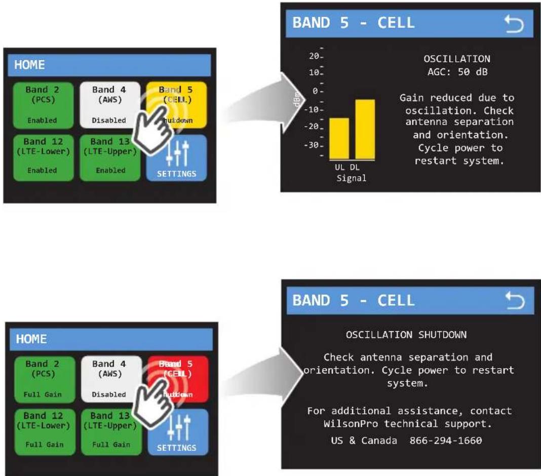 BAND 5 - CELL OSCILLATION AGC: 50 dB Gain reduced due to oscillation. Check antenna separation and orientation. Cycle power to restart system. UL DL Signal BAND 5 - CELL OSCILLATION SHUTDOWN Check antenna separation and orientation. Cycle power to restart system. For additional assistance, contact WilsonPro technical support. US & Canada 866-294-1660