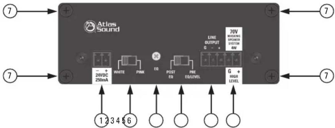 Atlas Sound - + 24VDC 250mA WHITE PINK EQ POST EQ PHE EQ/LEVEL LINE OUTPUT G 70V MAKING SPEAKER SYSTEM 4W G + HIGH LEVEL 1 2 3 4 5 6