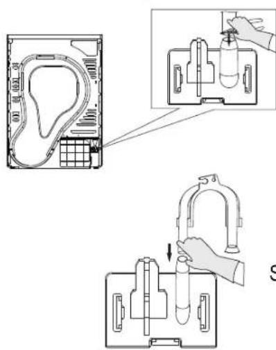 Diagram illustrating a laboratory apparatus with labeled components and a hand holding a test tube, showing steps to press or install.