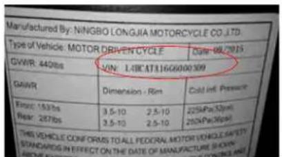 Manufactured By: NINGBO LONGJIA MOTORCYCLE CO.,LTD. Type of Vehicle: MOTOR DRIVEN CYCLE Date: 08/2015 GVWR: 440lbs VIN: L-8CATL16G000309 GMWR Dimension - RM Cold inf Pressure Fork: 15.5lbs 3.5-10 2.5-10 225kPa(52mil) Rear: 287lbs 3.5-10 2.5-10 225kPa(36mil) THIS VEHICLE CONFIRM IS TO ALL FEDERAL MOTOR VEHICLE SAFETY STANDARDIS IN EFFECT ON THE DATE OF MANUFACTURE SHOWN LABORATE EQUITY OF CHINA LIFE & WORK