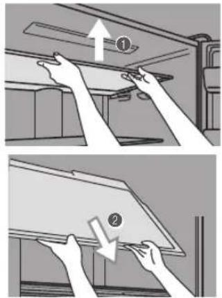 Diagram showing two steps of installing or adjusting a cabinet panel, labeled with arrows and numbered parts.