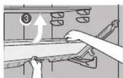 Diagram showing a hand holding a tool interacting with a panel, with a numbered arrow and label '3' indicating direction or step.