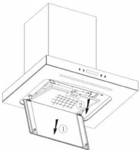 Technical diagram of a kitchen appliance with labeled parts and directional arrows indicating assembly or movement.