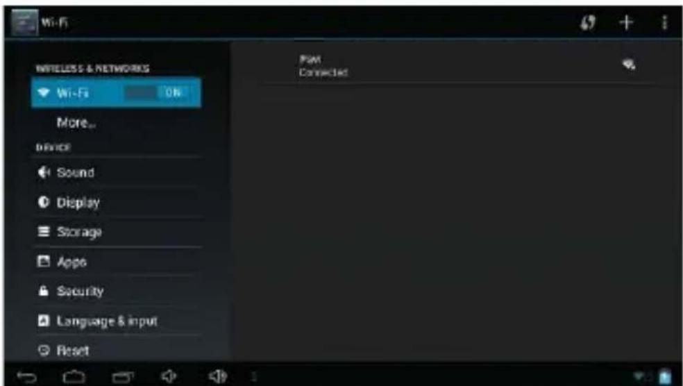 Wi-Fi Wireless & NETWORKS Wi-Fi ON More... DEVICE Sound Display Storage Apps Security Language & input Reset PUM Connected