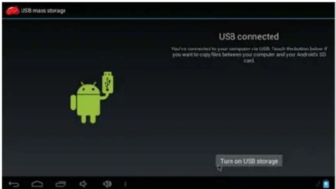 USB mass storage USB connected You've connected to your computer via USB. Touch the button below if you want to copy files between your computer and your Android's SD can! Turn on USB storage