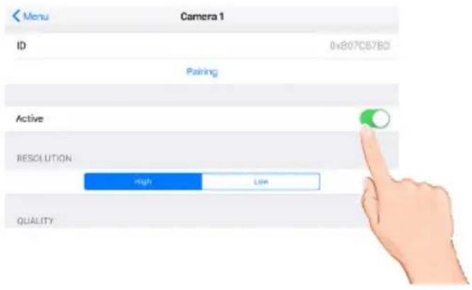 Menu Camera 1 ID 0x807C67BD Pairing Active RESOLUTION High Low QUALITY