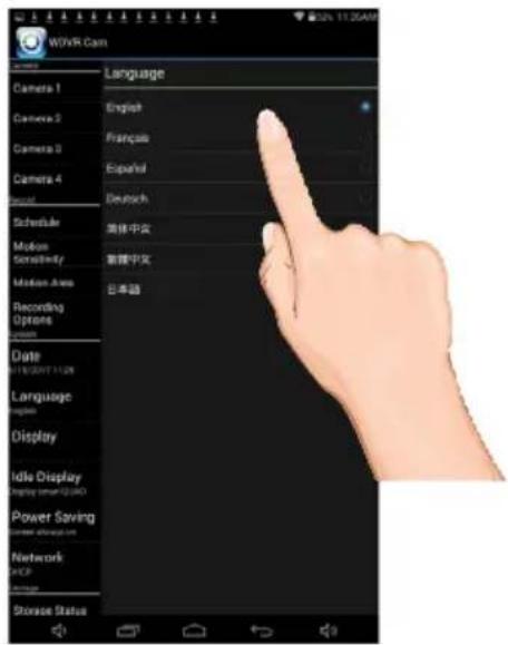 WiVR Cam Language English Français Spanish Deutsch 英体中文 新鮮中文 日本語 Data Language English Display Idle Display Power Saving Network HCP Storage Status
