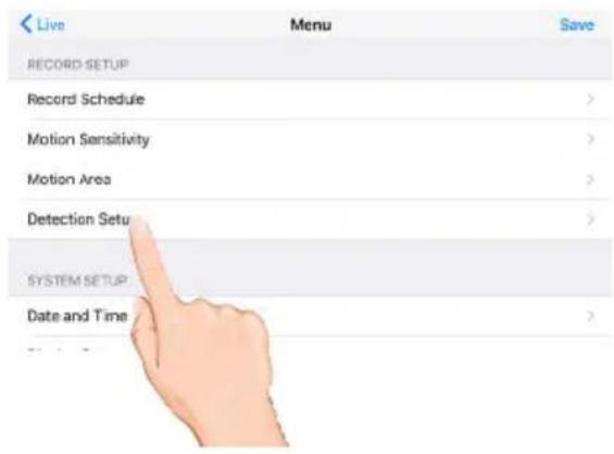 Live Menu Save RECORD SETUP Record Schedule Motion Sensitivity Motion Area Detection Setu SYSTEM SETUP Date and Time