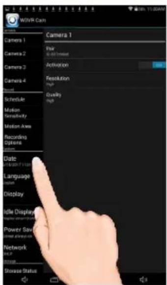 WOWR Cam Camera 1 Pair 6.00 Temped Activation Resolution High Quality High Camera 2 Camera 3 Camera 4 Schedule Motion Respectivity Motion Area Recording Options System Date Language Display Idle Display Power Save Network Storage Status