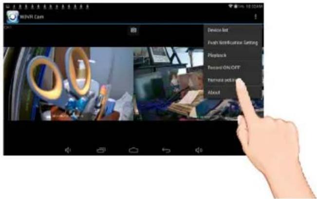 MOSVR Cam Device list Push Certification Sentrag Playback Recent ON OFF Remote detail About