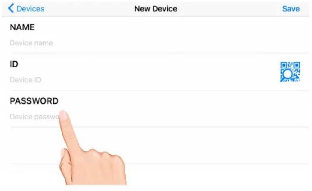 Devices New Device Save NAME Device name ID Device ID PASSWORD Device password