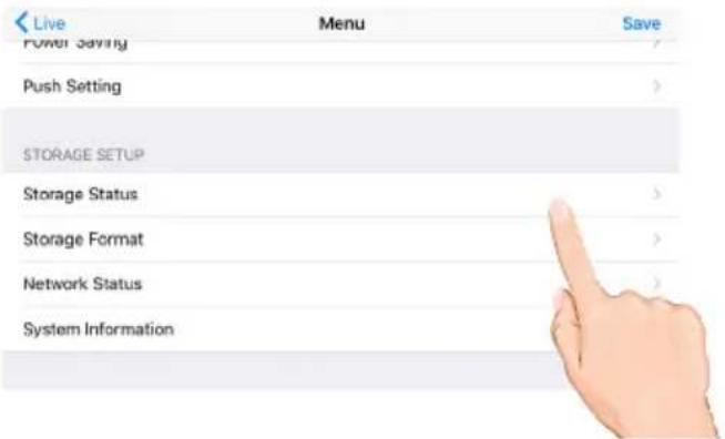 Live Power Saving Push Setting STORAGE SETUP Storage Status Storage Format Network Status System Information Save