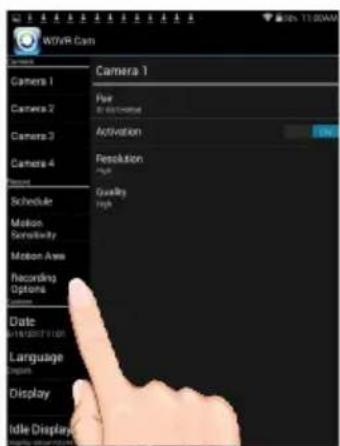 Wi-FiR Cam Camera 1 Fan In-Code/Name Activation Resolution High Quality High Camera 2 Camera 3 Camera 4 Schedule Motion Sensitivity Motion Area Recording Options Date Language Display Idle Display