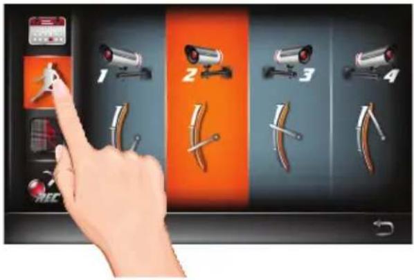 Illustration of a hand interacting with a touchscreen display showing four security camera icons labeled 1 to 4.