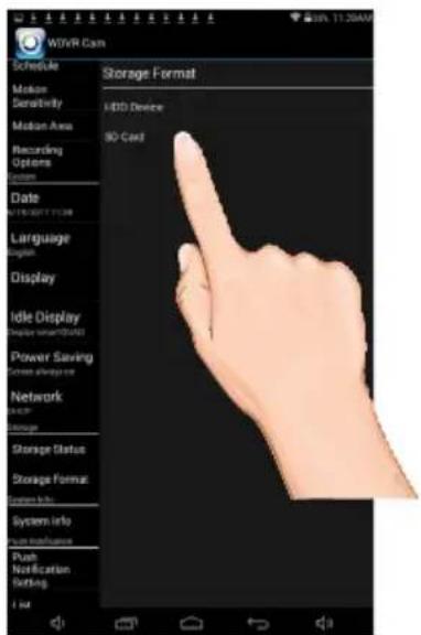 Wi-Fi R Cam Schedule Motion Sensitivity Motion Area Recording Options Date Language English Display Idle Display Display status(0123) Power Saving Current always on Network Storage Storage Status Storage Format System info System info Push Notification Sorting List Storage Format UDD Device SO Card