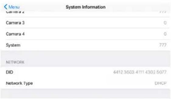 Menu System Information Camera 2 Camera 3 Camera 4 System 777 NETWORK DID 4412 3603 4111 4302 5077 Network Type DHCP