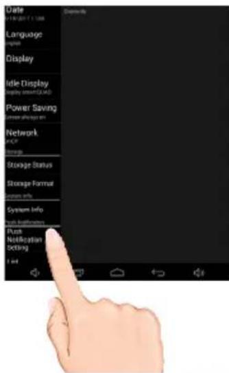 Date Language Display Idle Display Display screen (USB) Power Saving Current after last 10:00 Network TCP Storage Storage Status Storage Format System info System Info Push Notification Setting 1 port