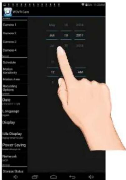 WVR Cam Camera 1 Camera 2 Camera 3 Camera 4 Schedule Motion Sensitivity Motion Area Recording Options Date Language Display Idle Display Power Saving Network Storage Status May 18 2016 Jul 19 2017 Jun 20 2018 12 AM
